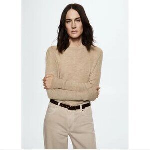 Mango Wool Blend Cropped Crew Neck Sweater Tan Women Size S
